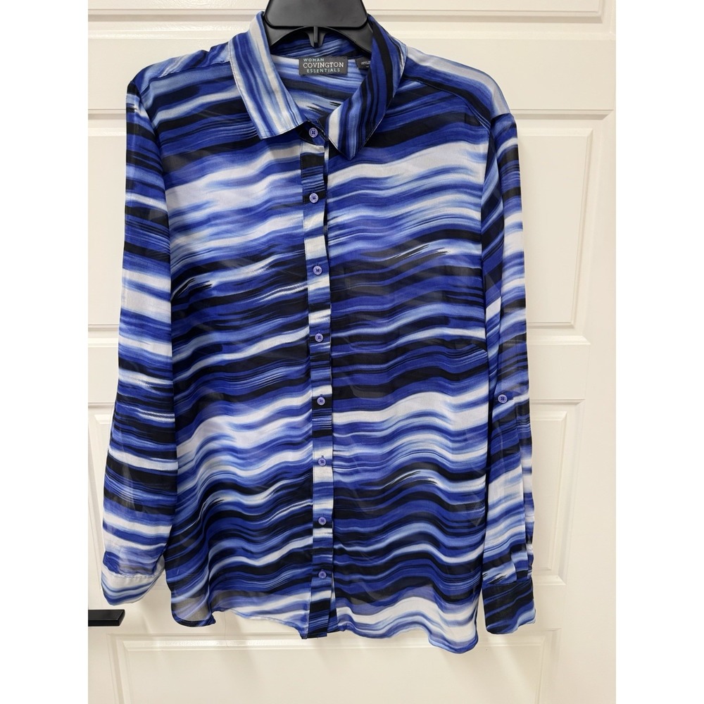 Covington Essentials Woman Blue White Artsy Roll Tab Blouse 1X Semi Sheer